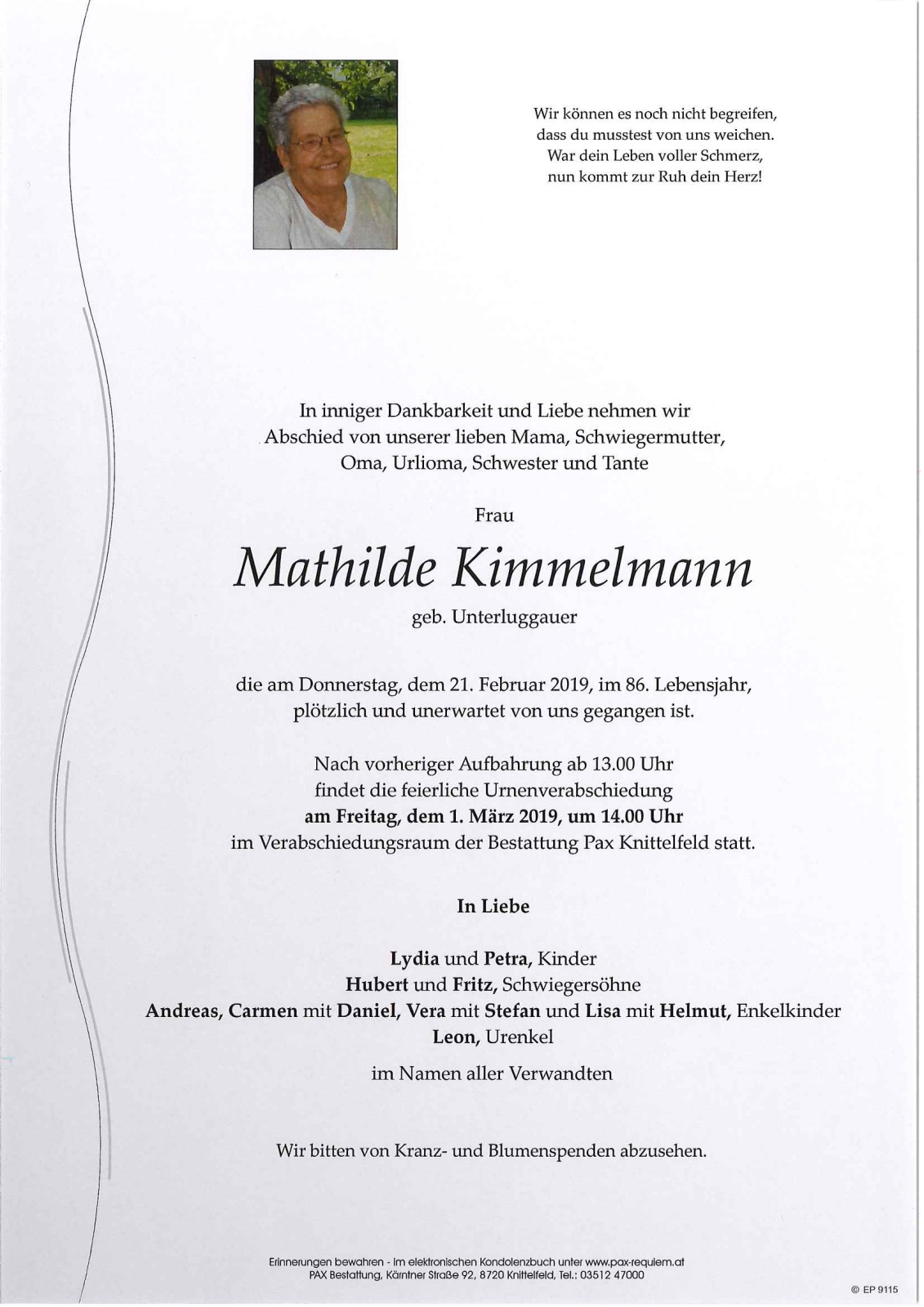 Parte Mathilde Kimmelmann geb. Unterluggauer