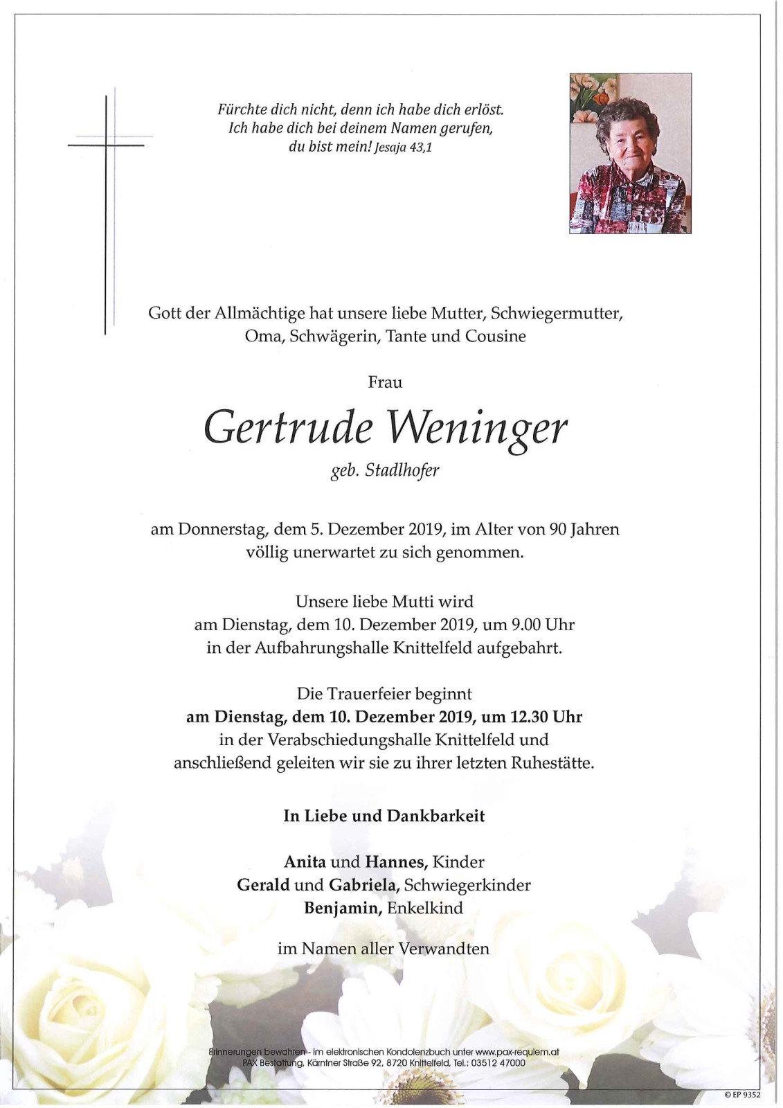 Parte Gertrude Weninger geb. Stadlhofer