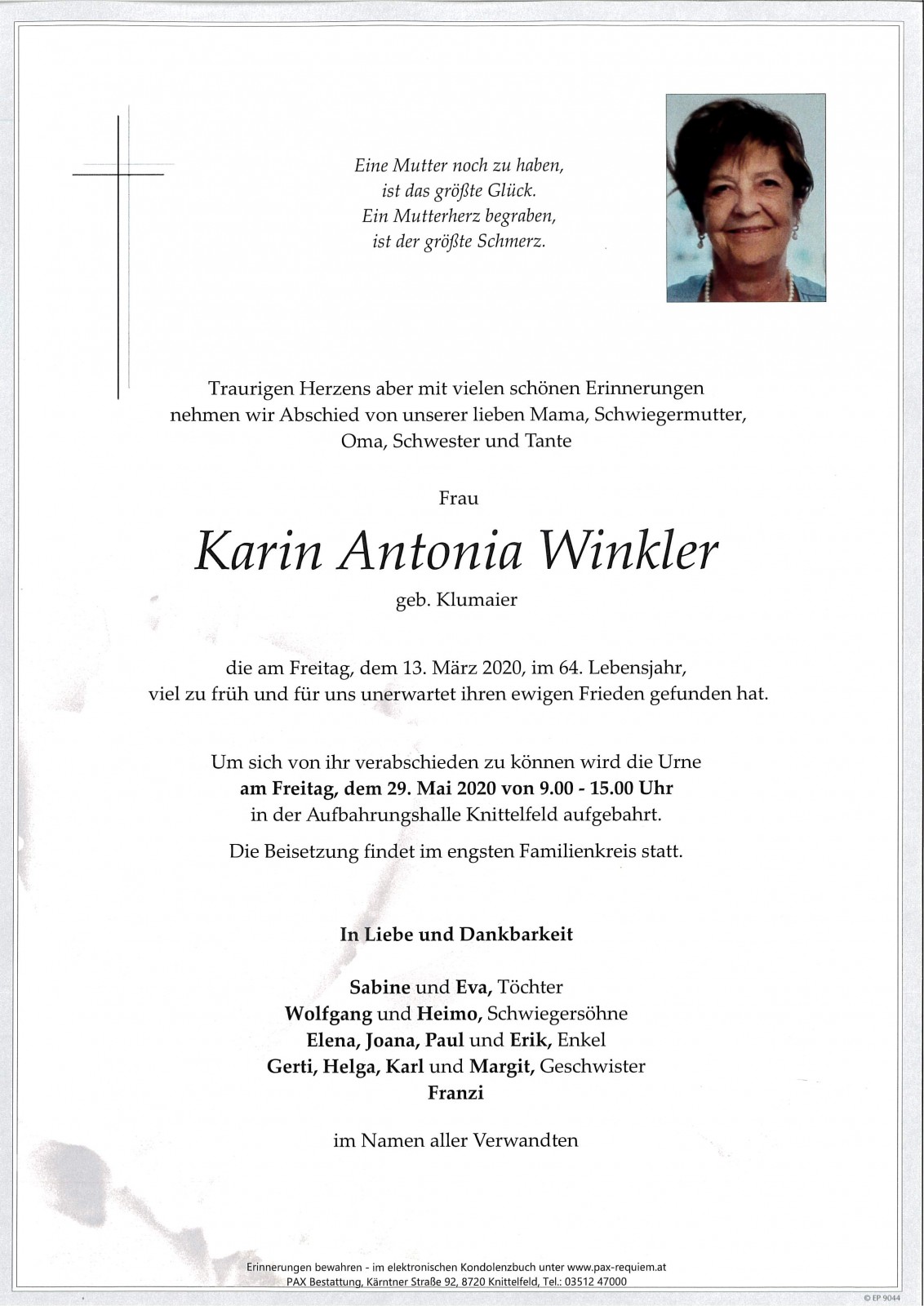 Parte Karin Antonia Winkler geb. Klumaier