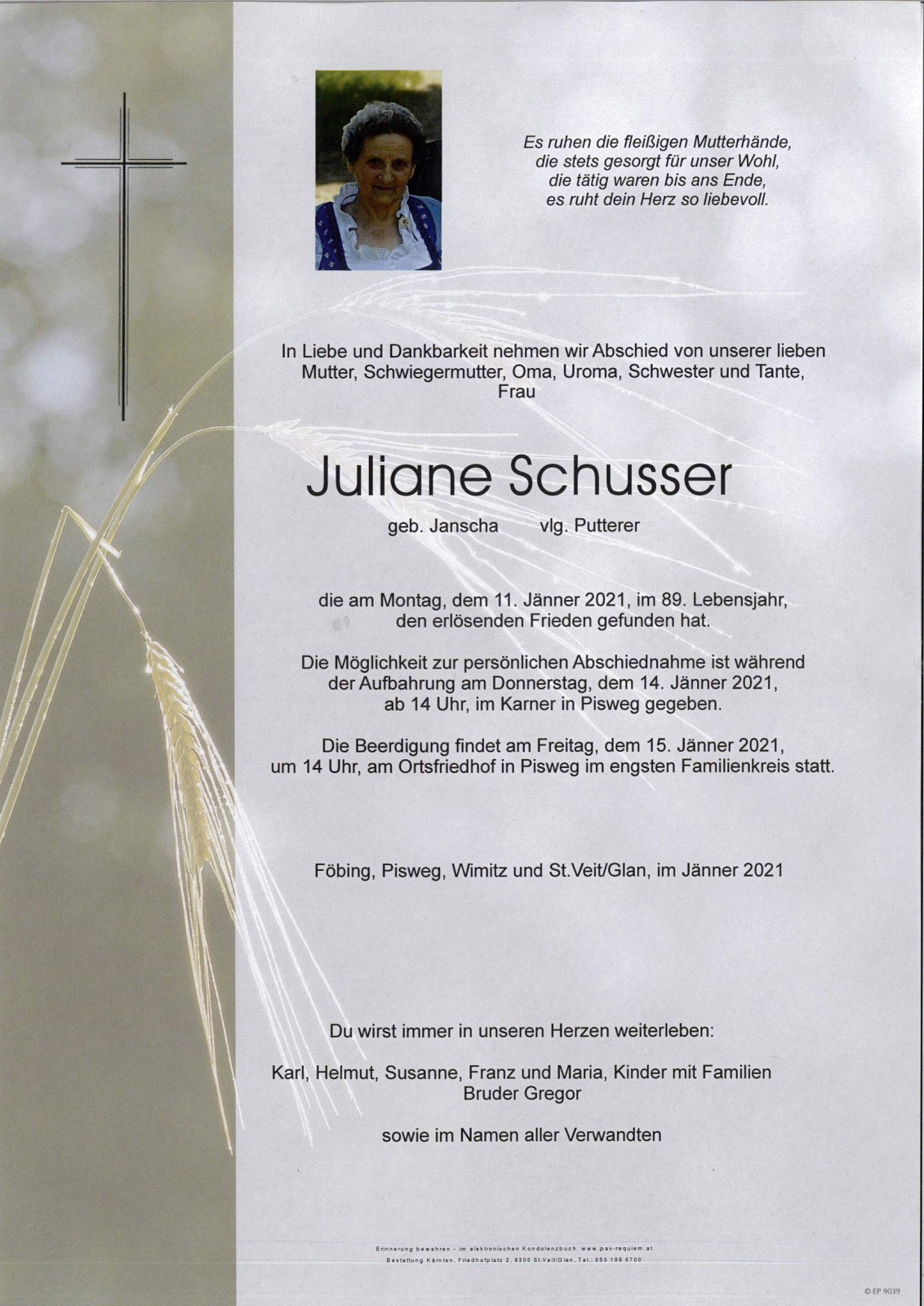 Parte Juliane Schusser geb.Janscha  vlg.Putterer