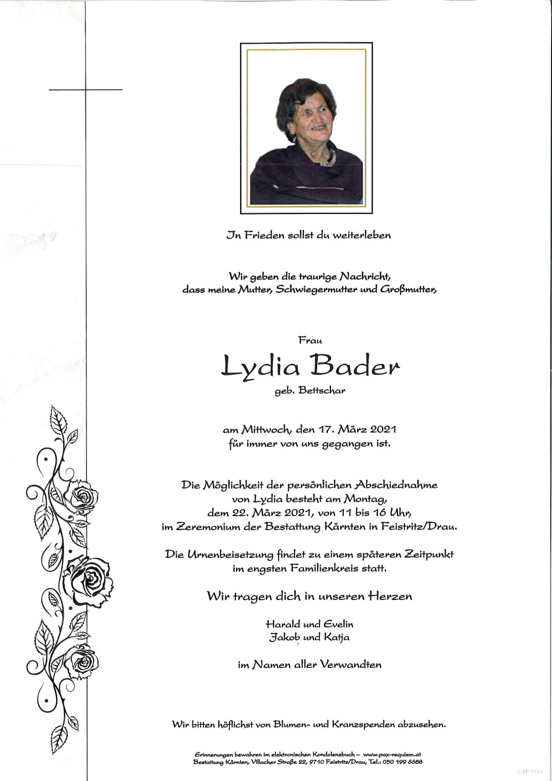 Parte Lydia Bader, geb. Bettschar