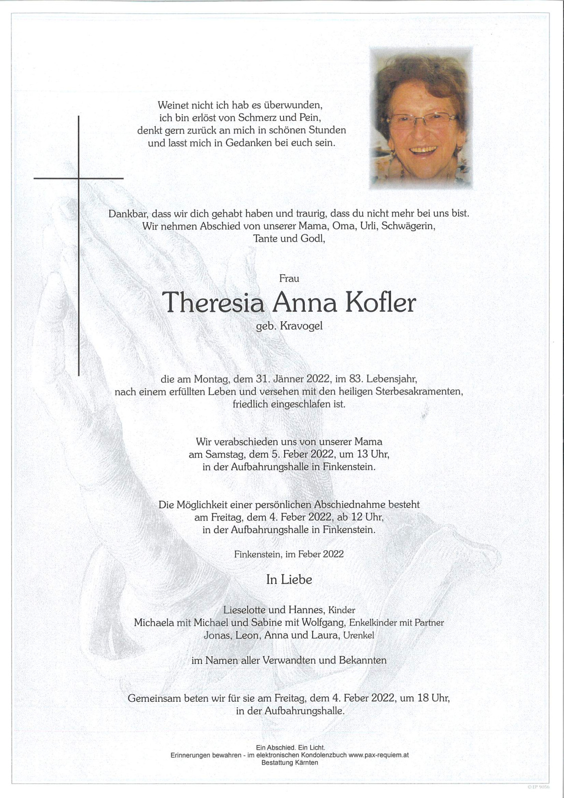 Parte Theresia Anna Kofler, geb. Kravogel