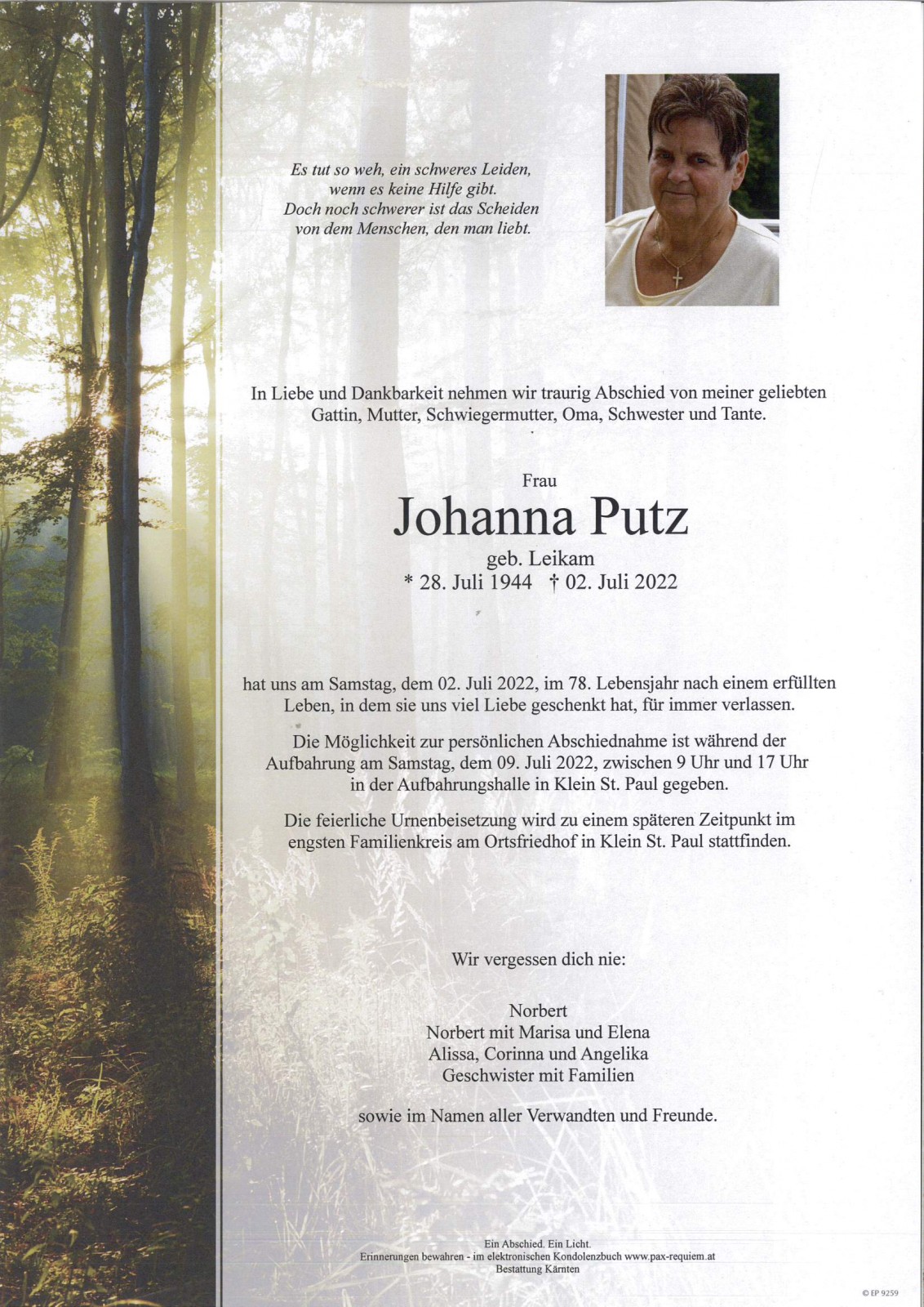 Parte Johanna Putz, geb. Leikam