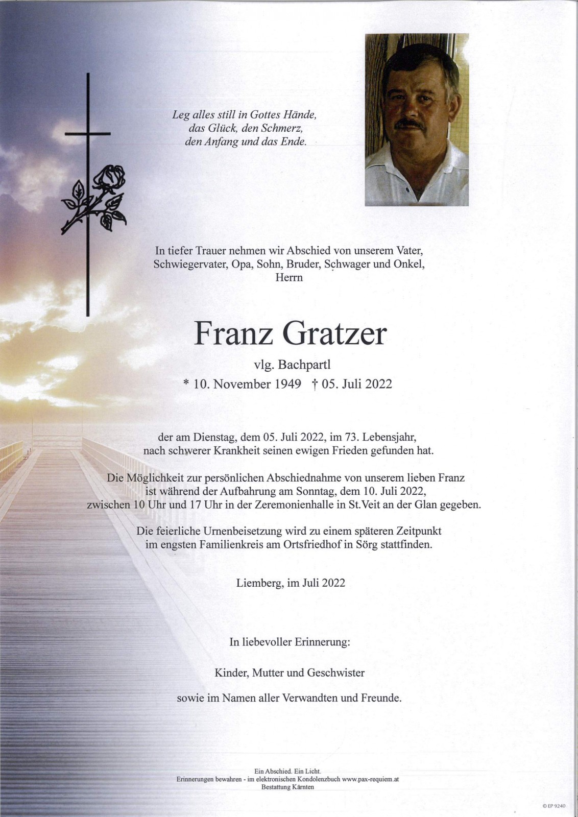 Parte Franz Gratzer,  ,, vlg. Bachpartl ".