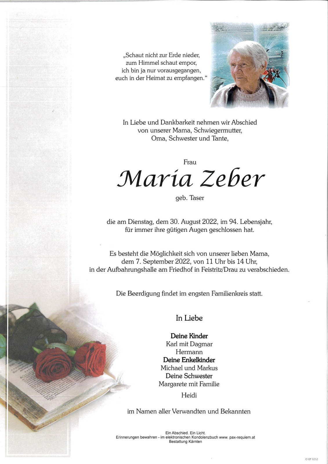 Parte Maria Zeber, geb. Taser