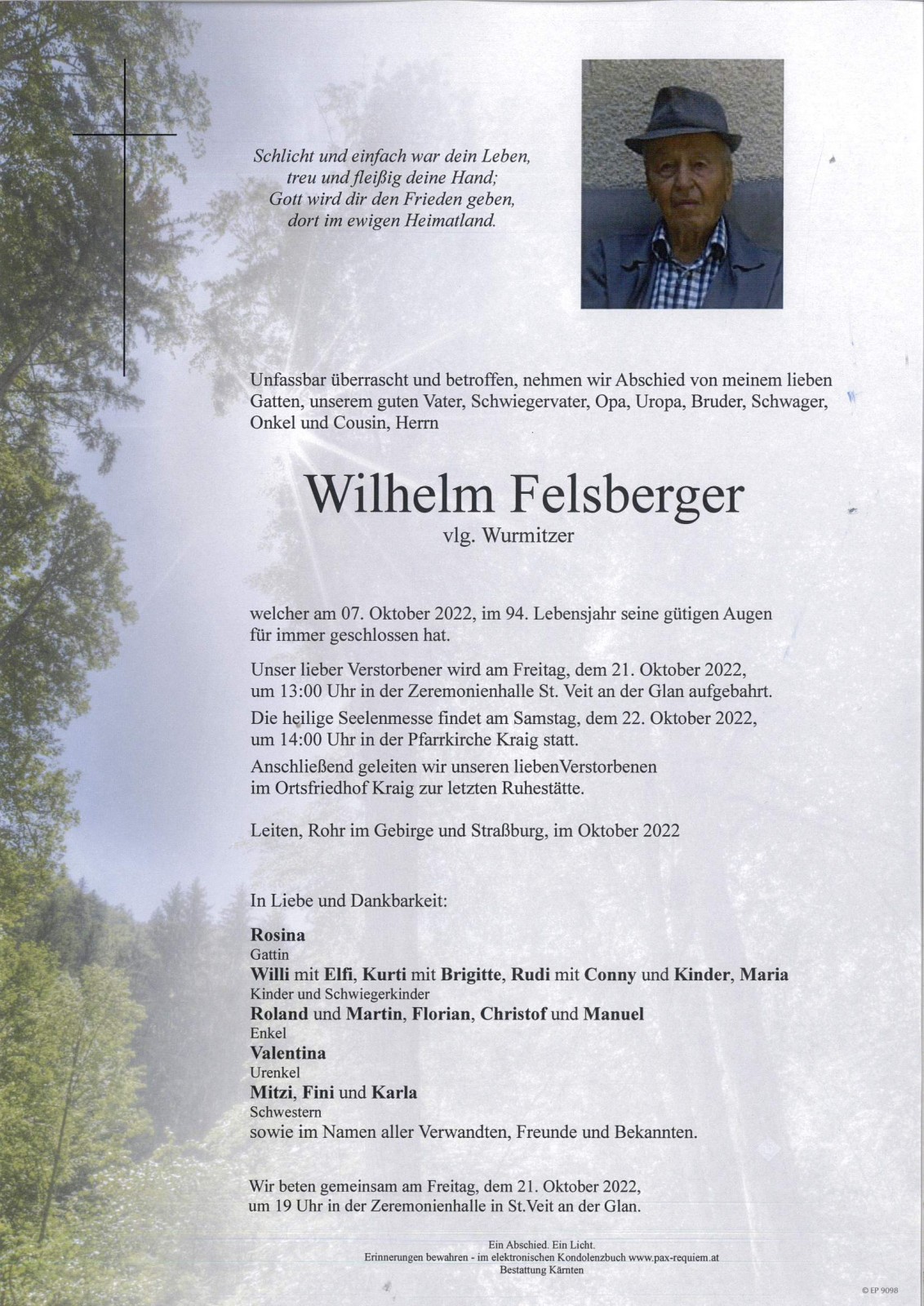 Parte Wilhelm Felsberger vlg. Wurmitzer