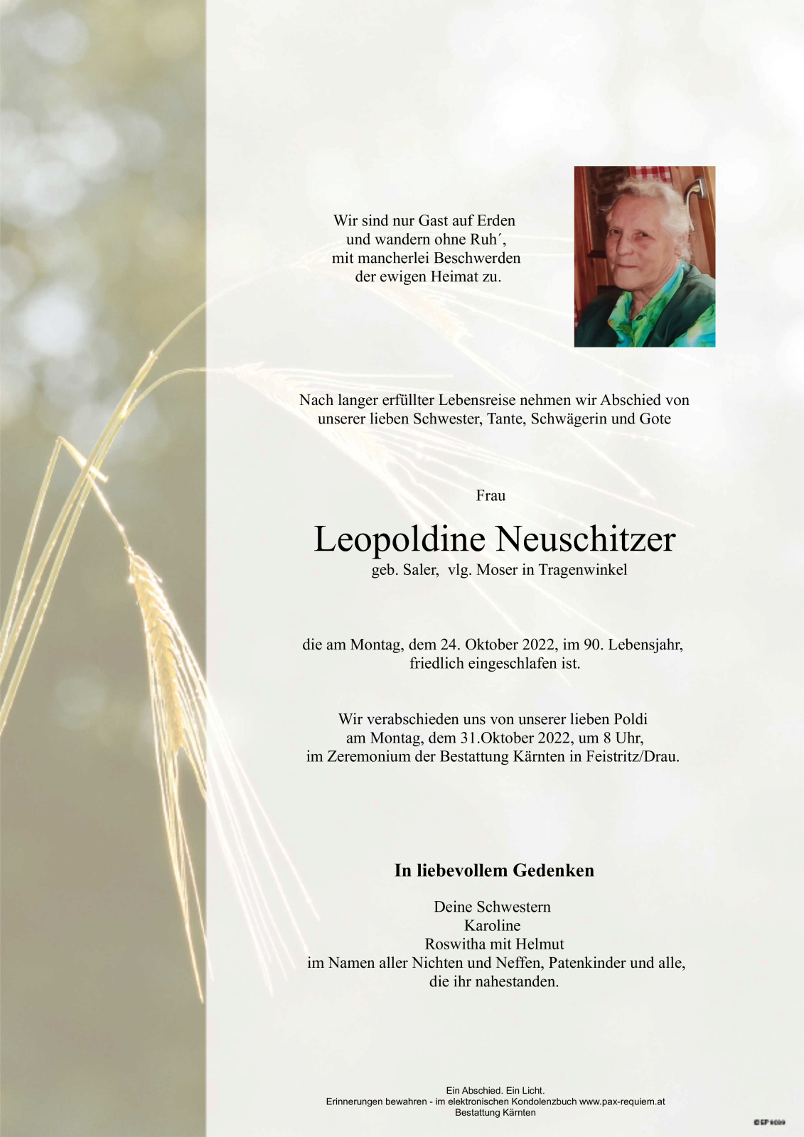 Parte Leopoldine Neuschitzer, geb. Saler, vlg. Moser