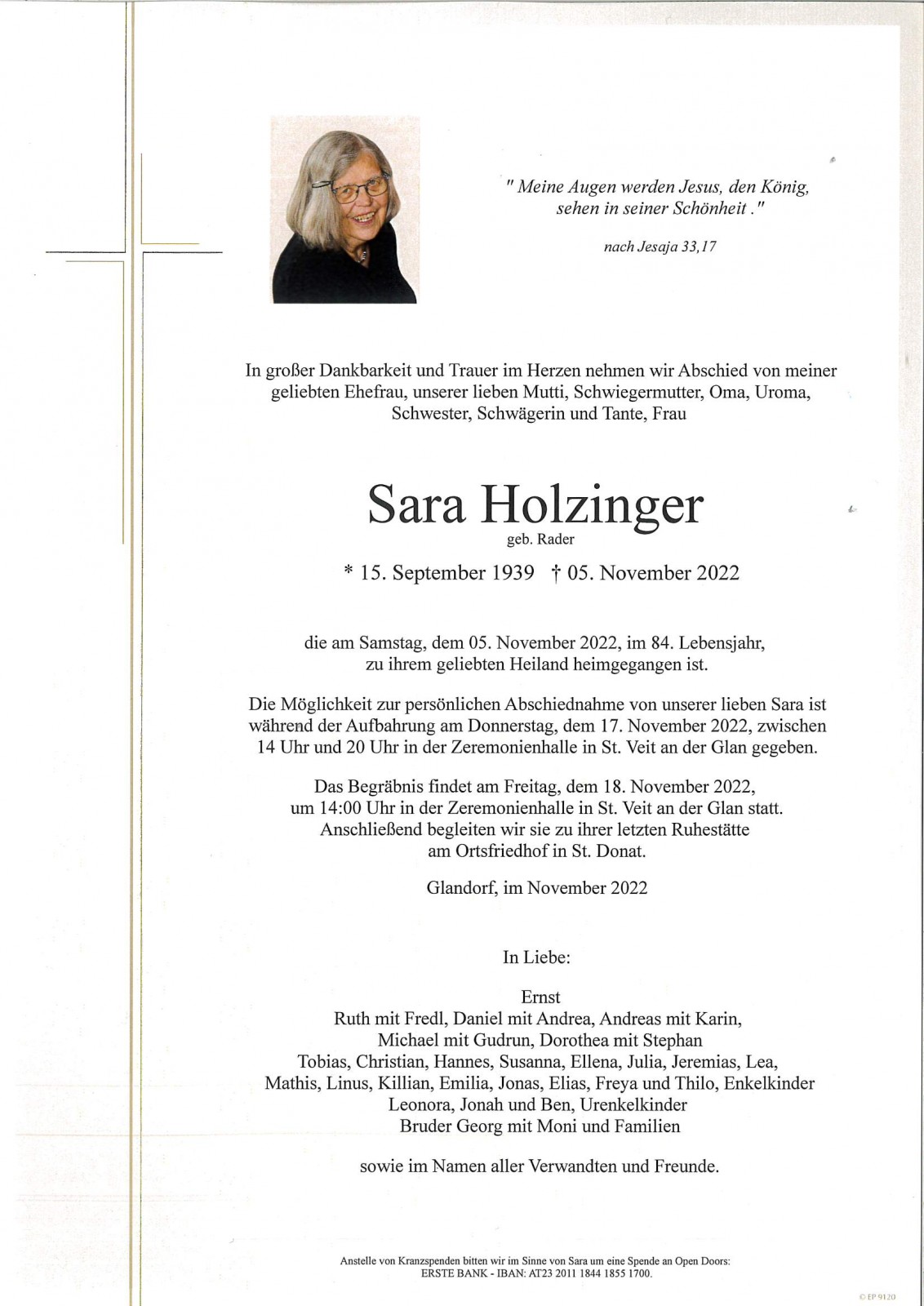 Parte Sara Holzinger,   geb.Rader