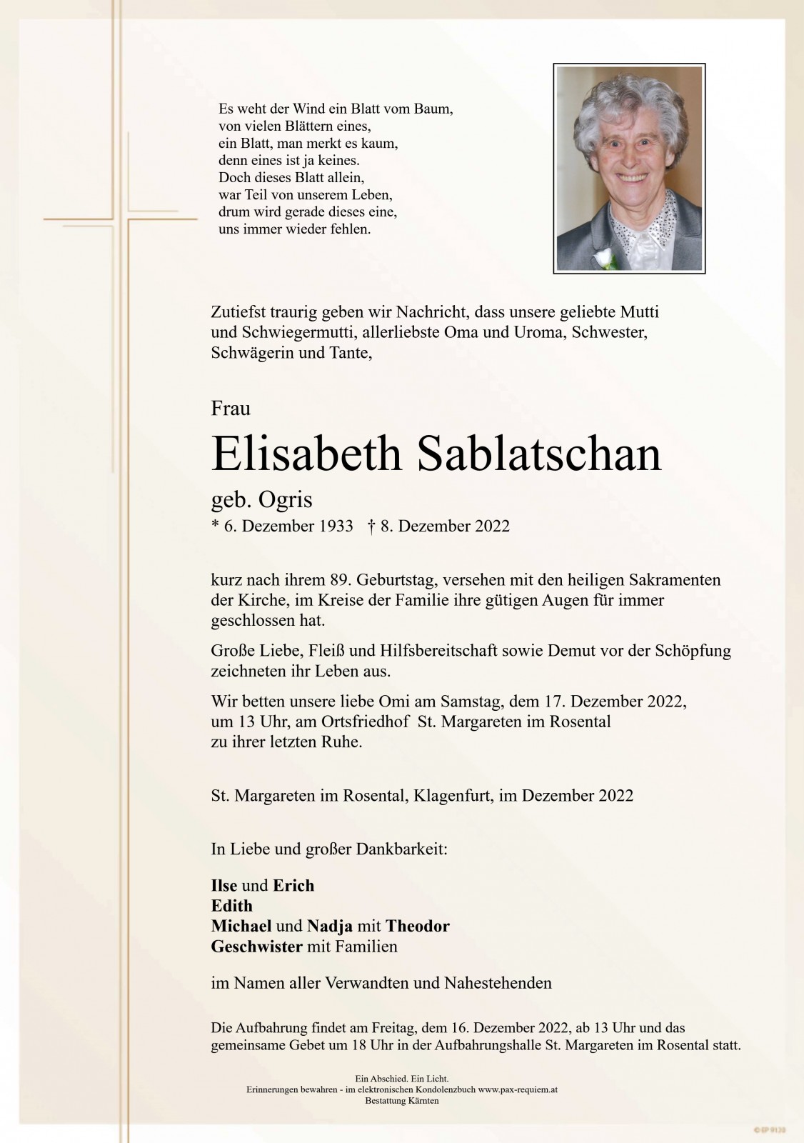 Parte Elisabeth Sablatschan, geb. Ogris