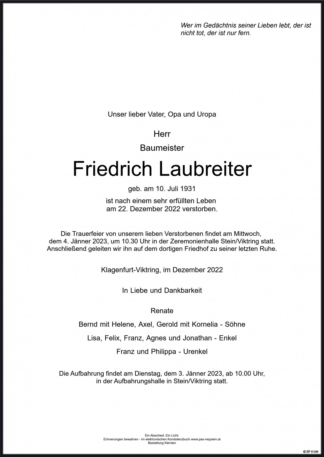 Parte Baumeister Friedrich Laubreiter