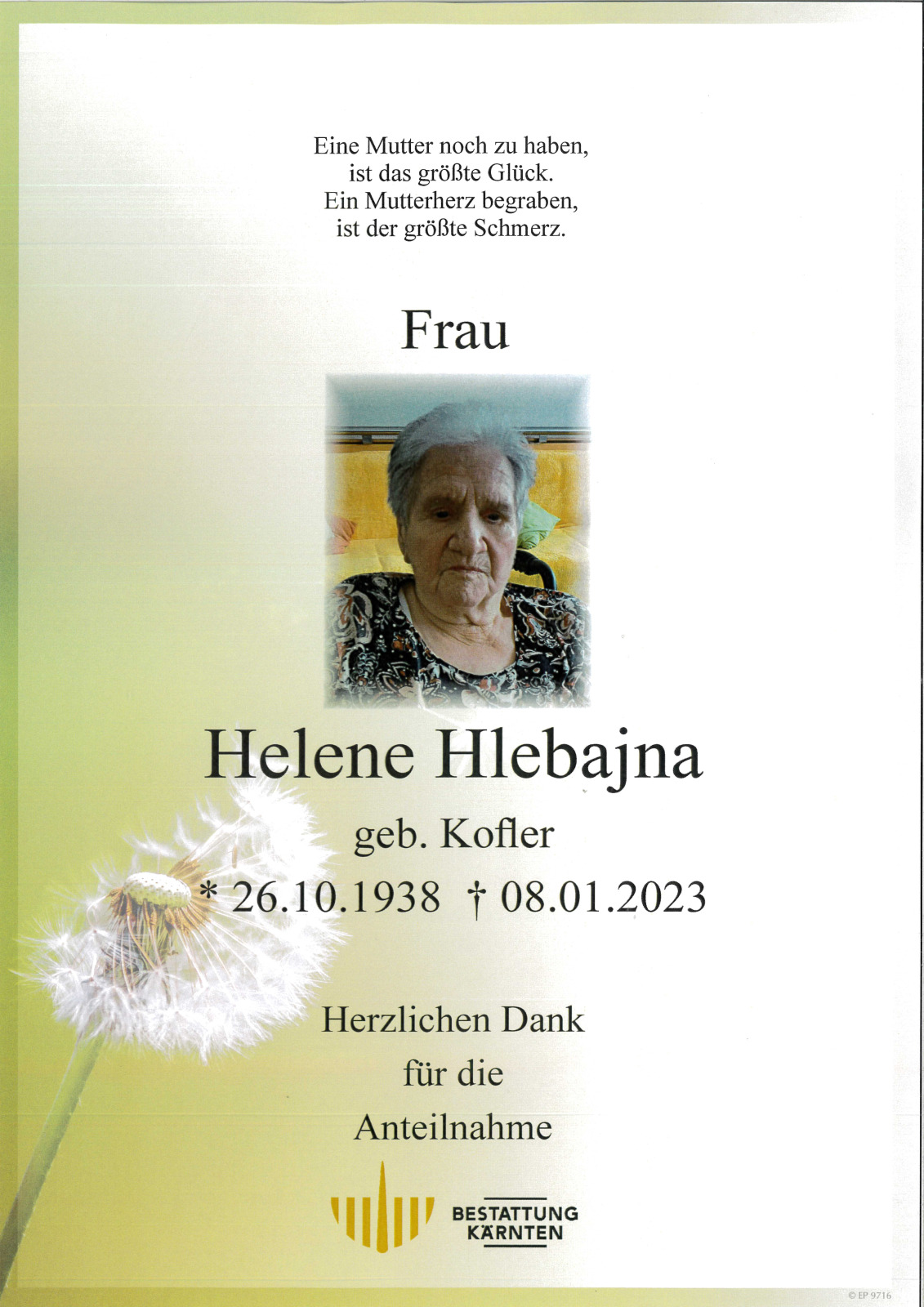 Parte Helene Hlebajna, geb. Kofler