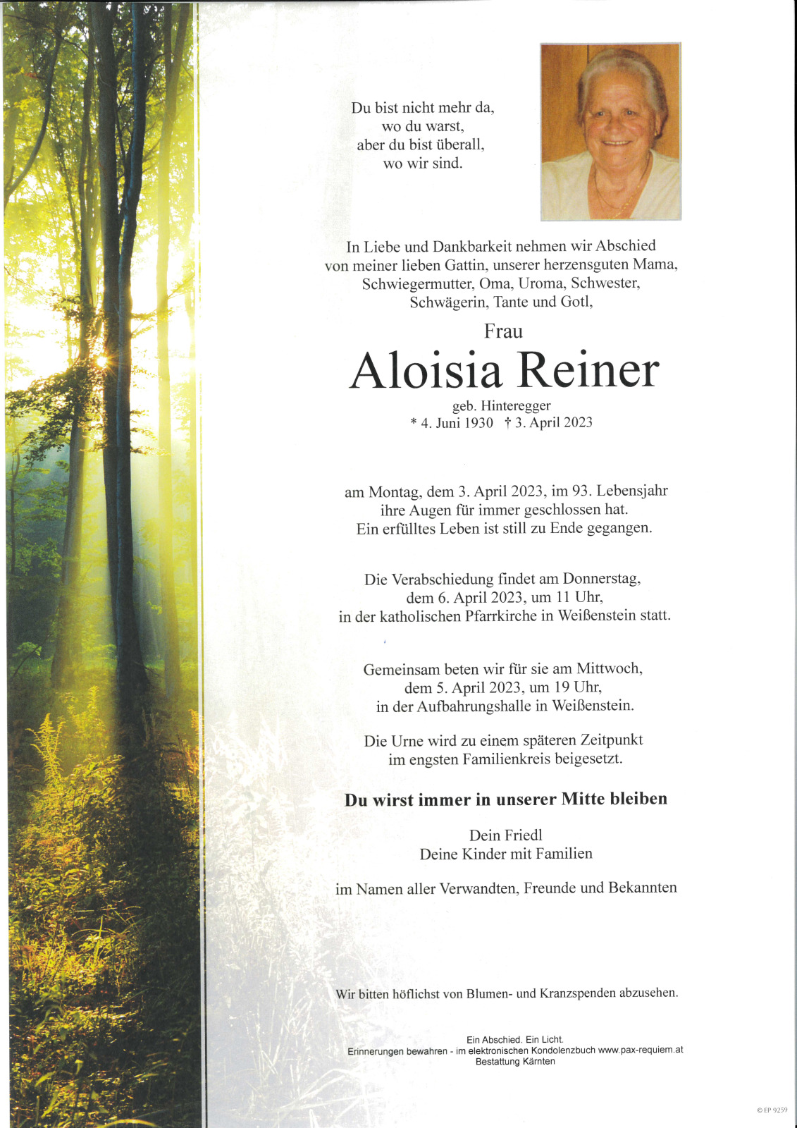 Parte Aloisia Reiner. geb. Hinteregger