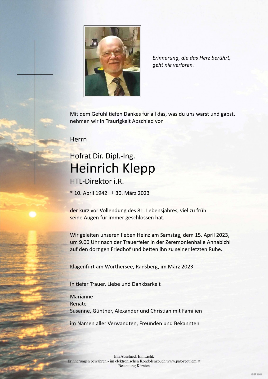 Parte Hofrat Dir. Dipl.-Ing. Heinrich Klepp