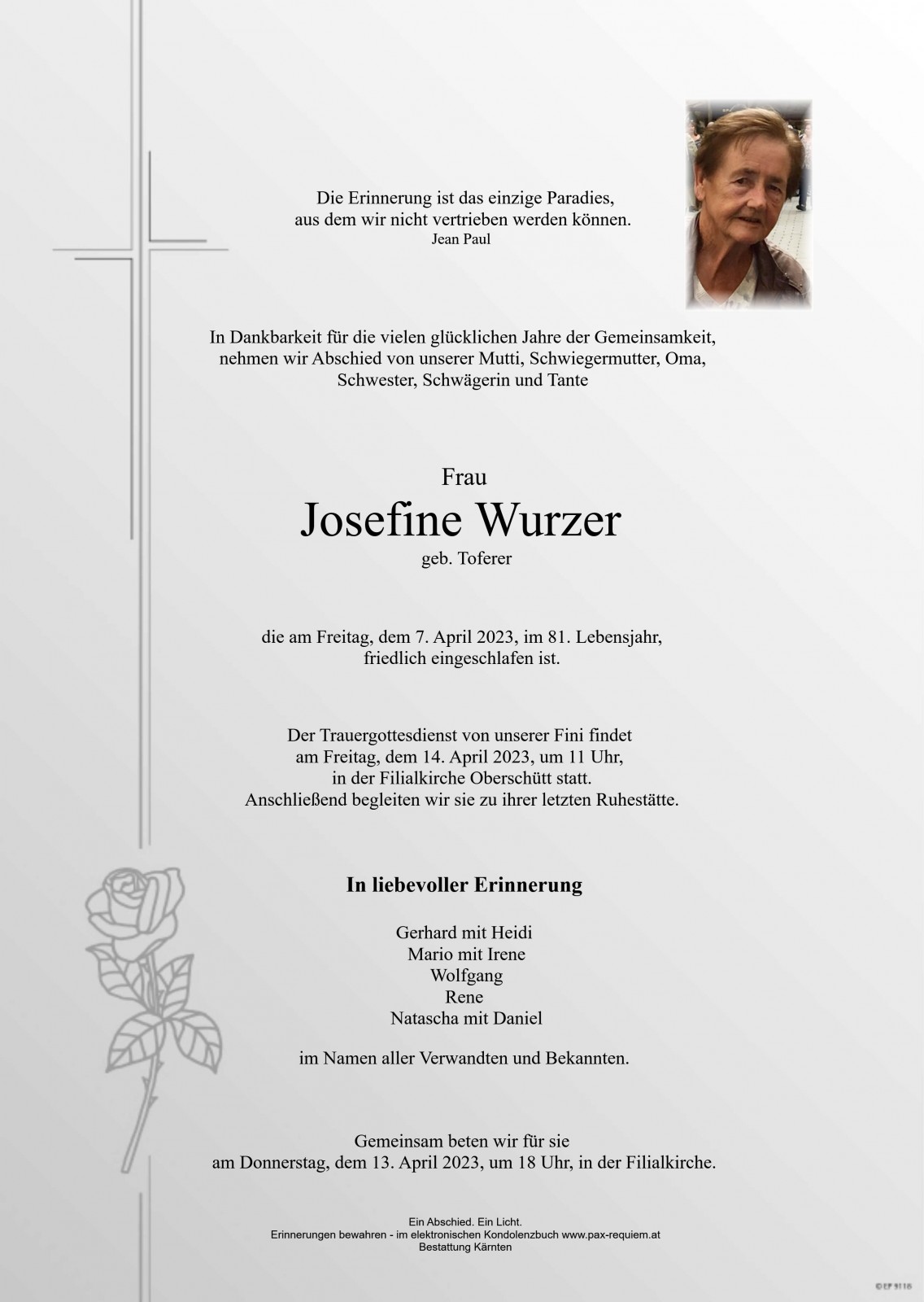 Parte Wurzer Josefine, geb. Toferer