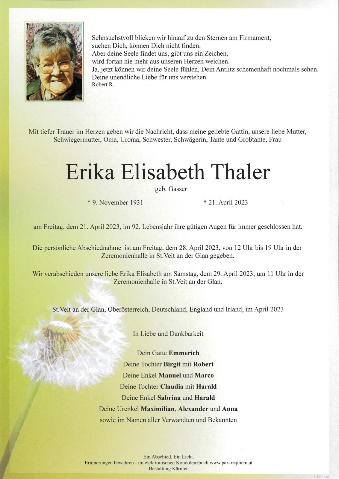 Parte Erika Elisabeth Thaler,  geb. Gasser