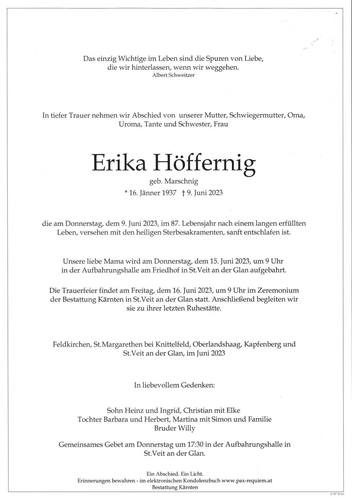 Parte Erika Höffernig, geb. Marschnig