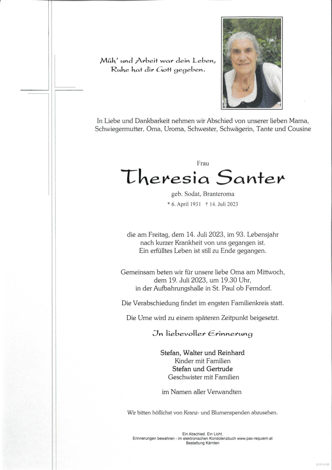 Parte Theresia Santer, geb. Sodat - Branteroma