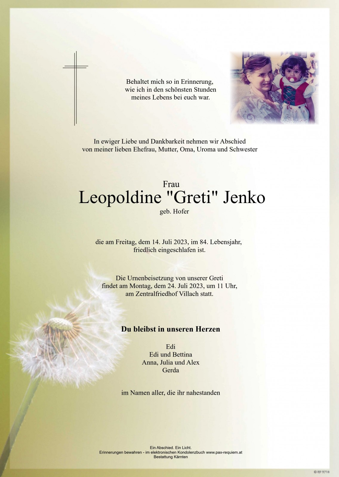 Parte Leopoldine "Greti" Jenko, geb. Hofer