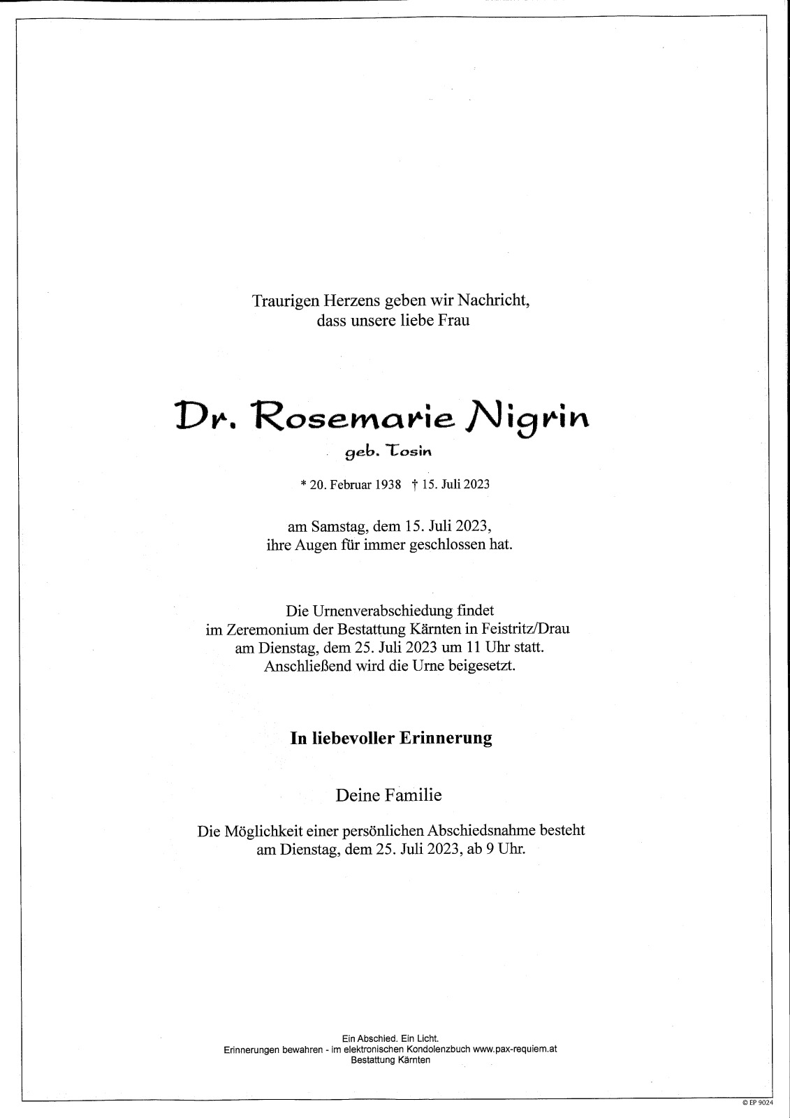 Parte Dr. Rosemarie Nigrin, geb. Tosin