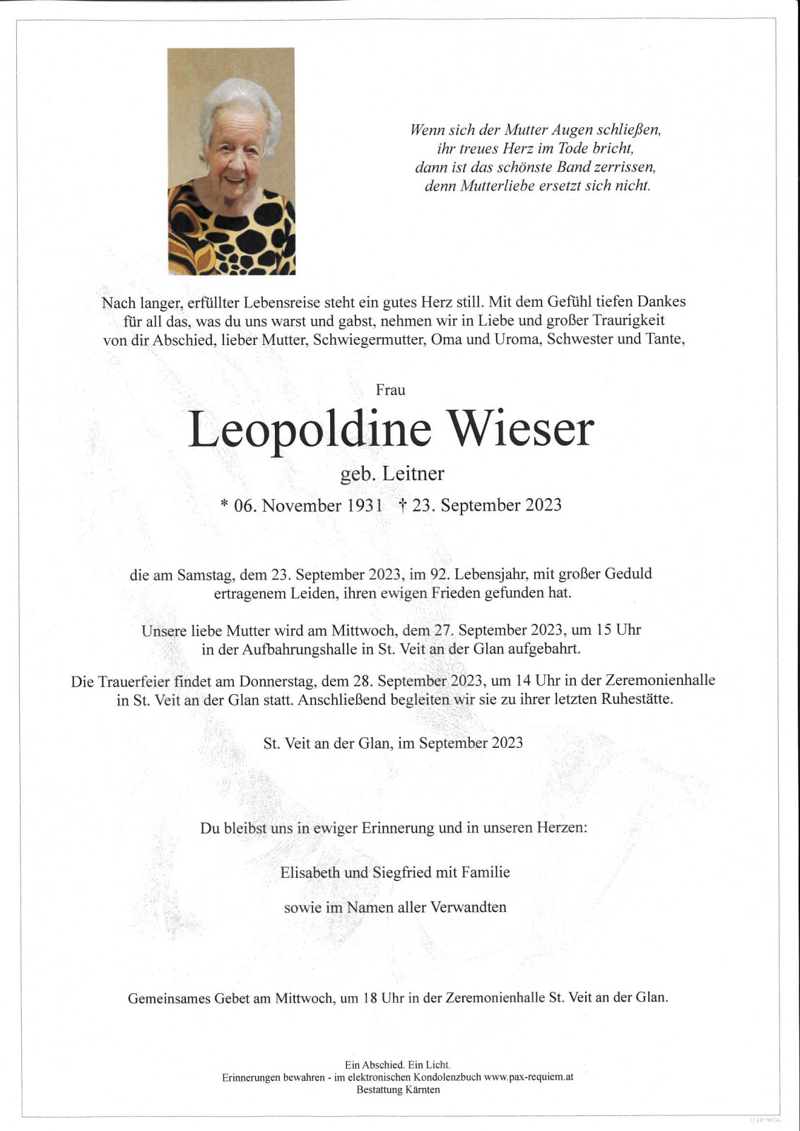 Parte Leopoldine Wieser, geb. Leitner