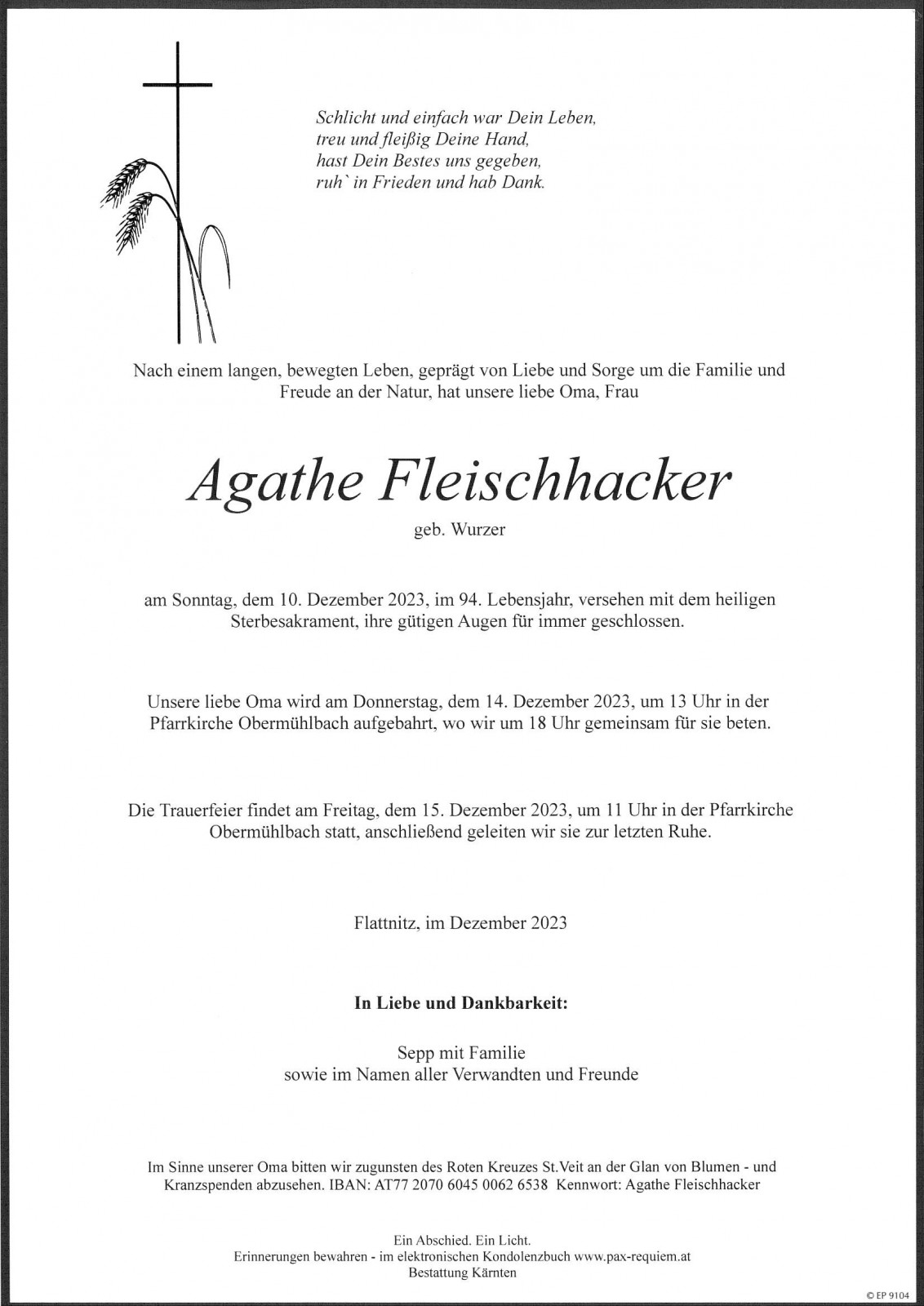 Parte Agathe Fleischhacker, geb. Wurzer