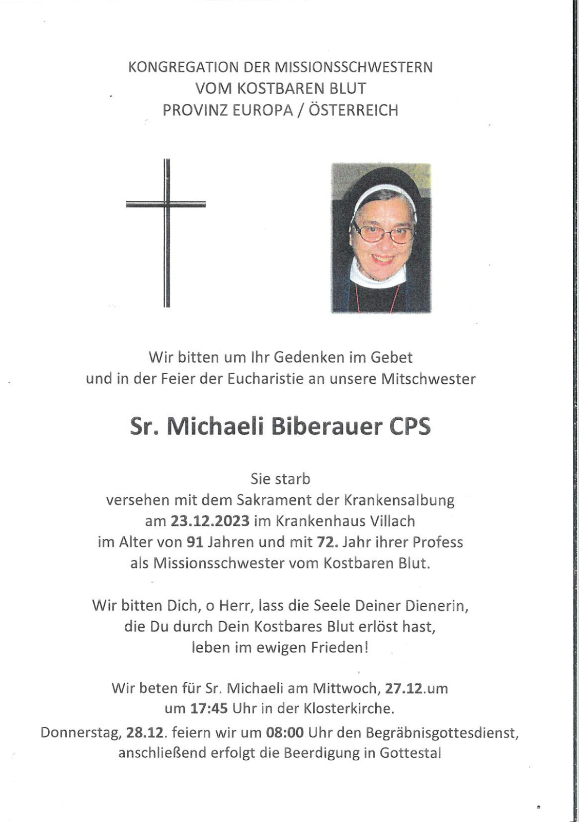 Parte Sr. Michaeli Biberauer CPS