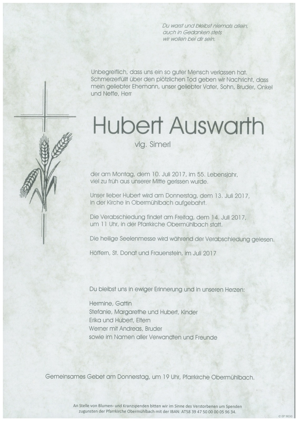 Parte Hubert Auswarth  vlg. Simerl